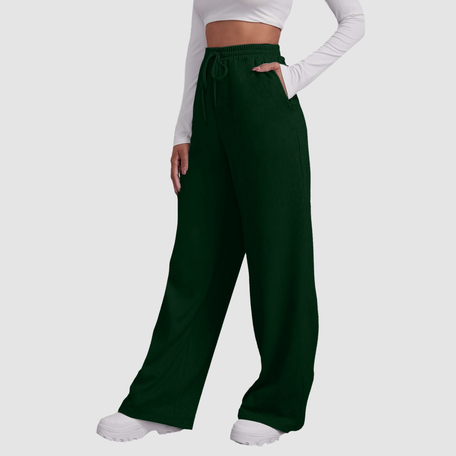 thumbnail image 2 of Pantalones de yoga de cintura alta con forro polar para mujer - Pierna ancha y recta, bolsillos para hacer ejercicio/uso informal (S-XXXL), 2 of 6